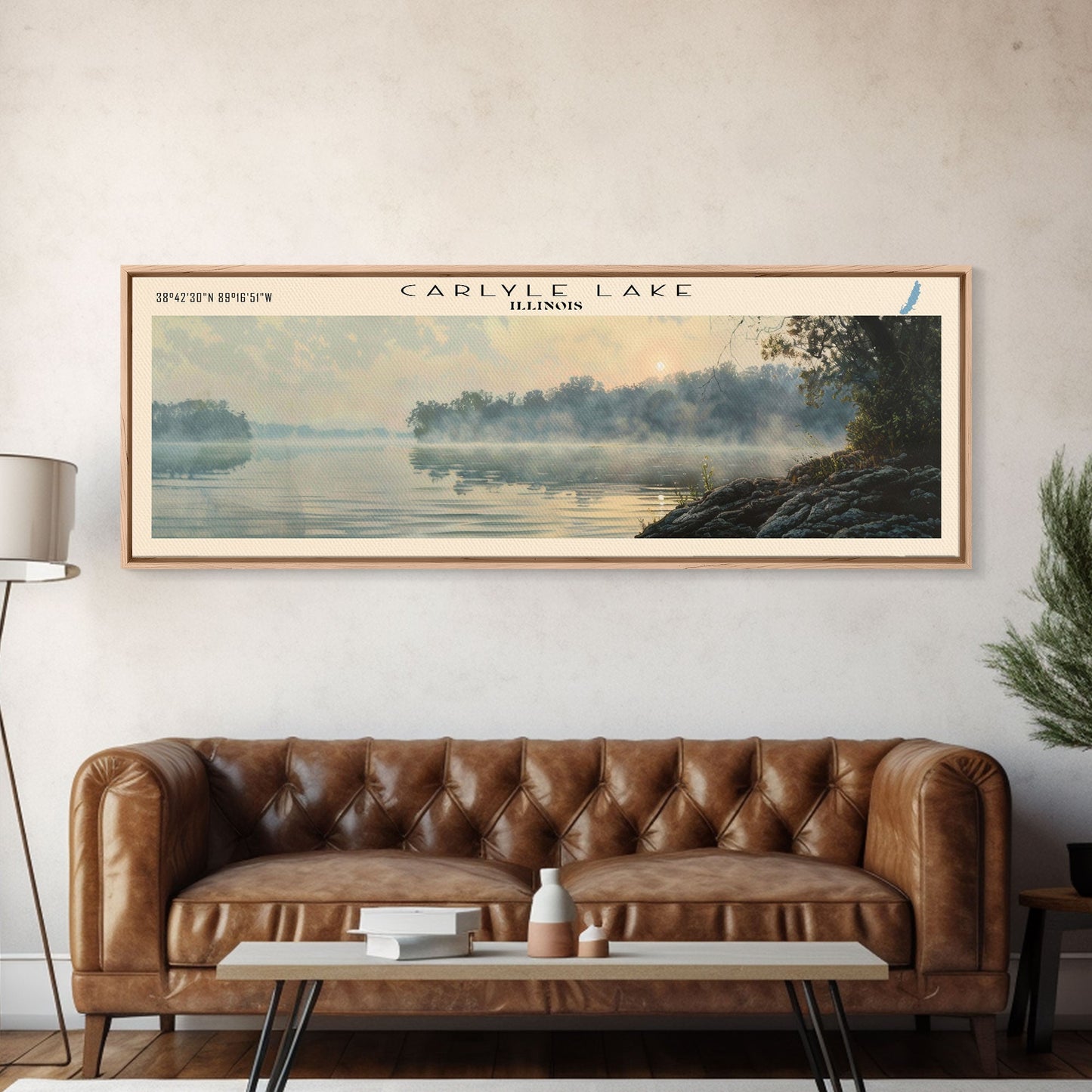 Carlyle Lake Illinois Framed Canvas Print, Lake House Decor, Panoramic Wall Art, Travel Poster, Rustic Lake Painting, Nature Art