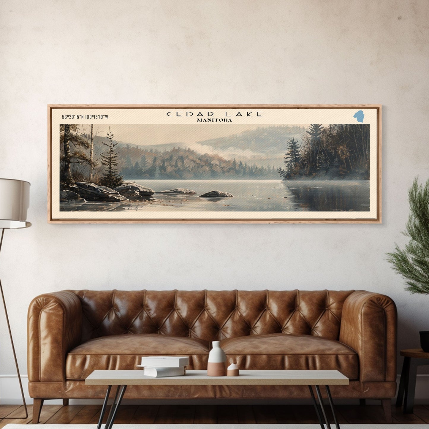 Cedar Lake Framed Canvas Print, Panoramic Lake House Decor, Wide Wall Art, Travel Poster, Rustic Lake Painting, Nature Art