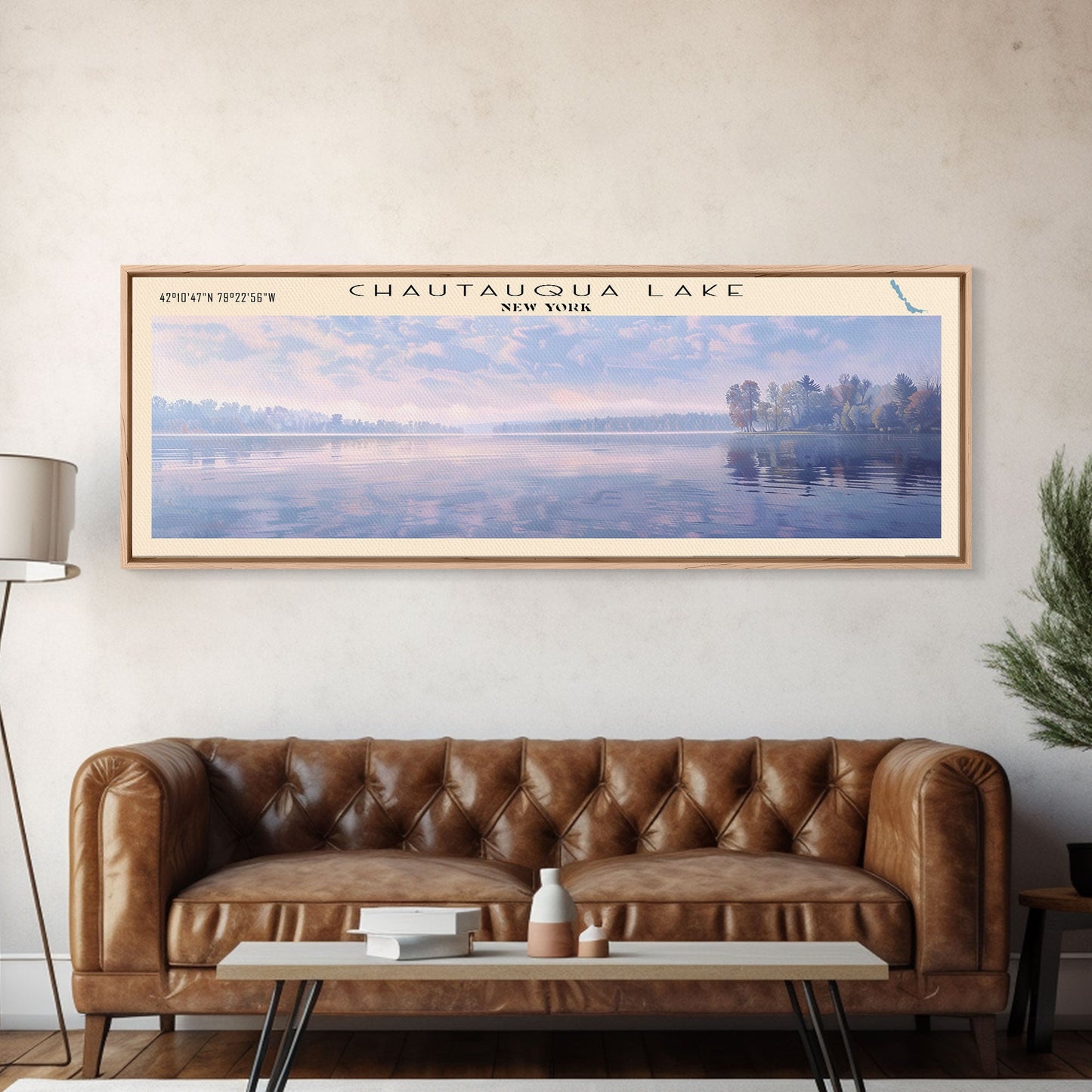 Chautauqua Lake New York Framed Canvas Print, Lake House Art, Panoramic Wide Wall Art, Travel Poster, Modern Lake Painting, Nature Art
