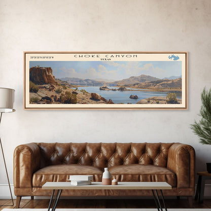 Choke Canyon Reservoir Framed Canvas Print, Panoramic Lake House Decor, Wide Wall Art, Travel Poster, Modern Lake Painting, Nature Art