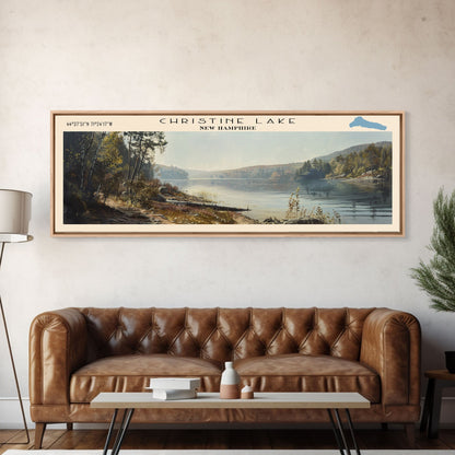 Christine Lake New Hampshire Framed Canvas Print, Lake House Art, Panoramic Wide Art, Travel Poster, Rustic Lake Painting, Home Decor