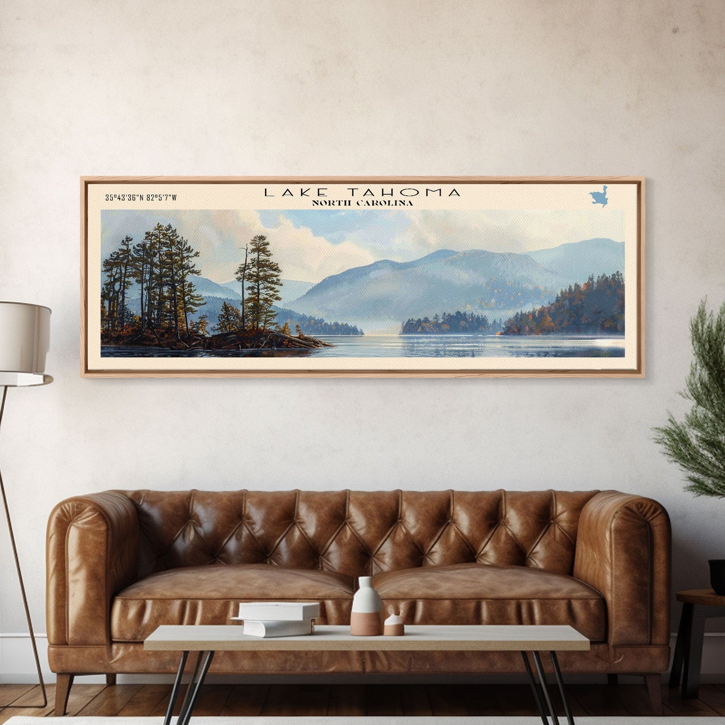 Lake Tahoma North Carolina Framed Canvas Print, Lake House Decor, Panoramic Wall Art, Travel Poster, Serene Landscape Painting, Rustic Art