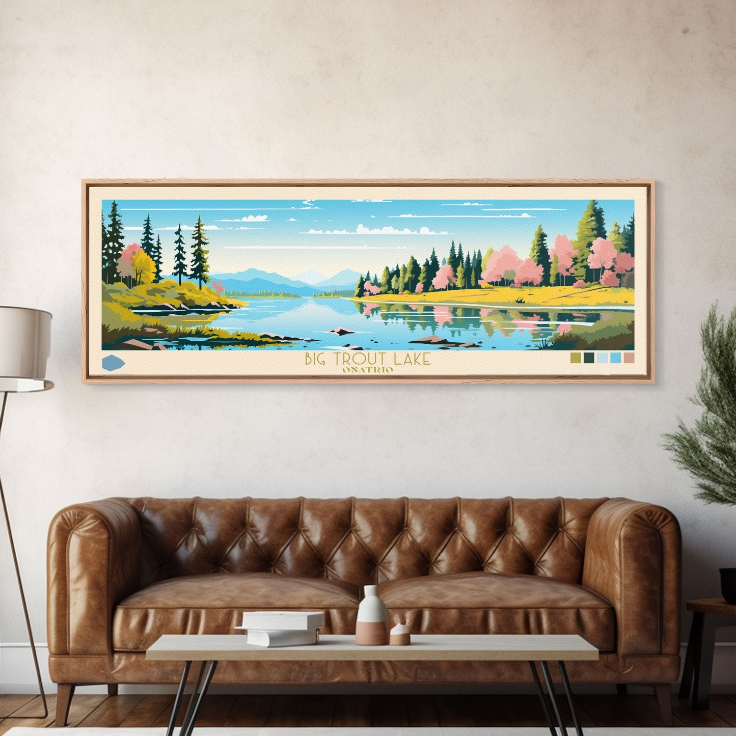 Big Trout Lake Ontario Framed Canvas Print, Panoramic Travel Poster, Midcentury Modern Wall Art, Pop Art, Nature Living Room Art, Lake House Decor