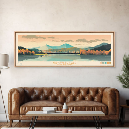 Burnsville Lake West Virginia Framed Canvas Print, Midcentury Modern Panoramic Wall Art, Living Room Decor, Pop Art, Travel Poster Art, Scenic Nature Painting