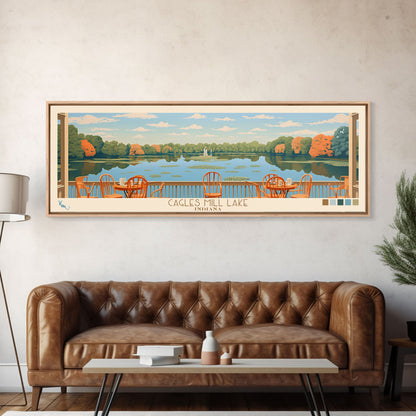 Cagles Mill Lake Indiana Framed Canvas Print, Midcentury Modern Panoramic Wall Art, Living Room Decor, Pop Art, Travel Poster Art, Scenic Nature Painting