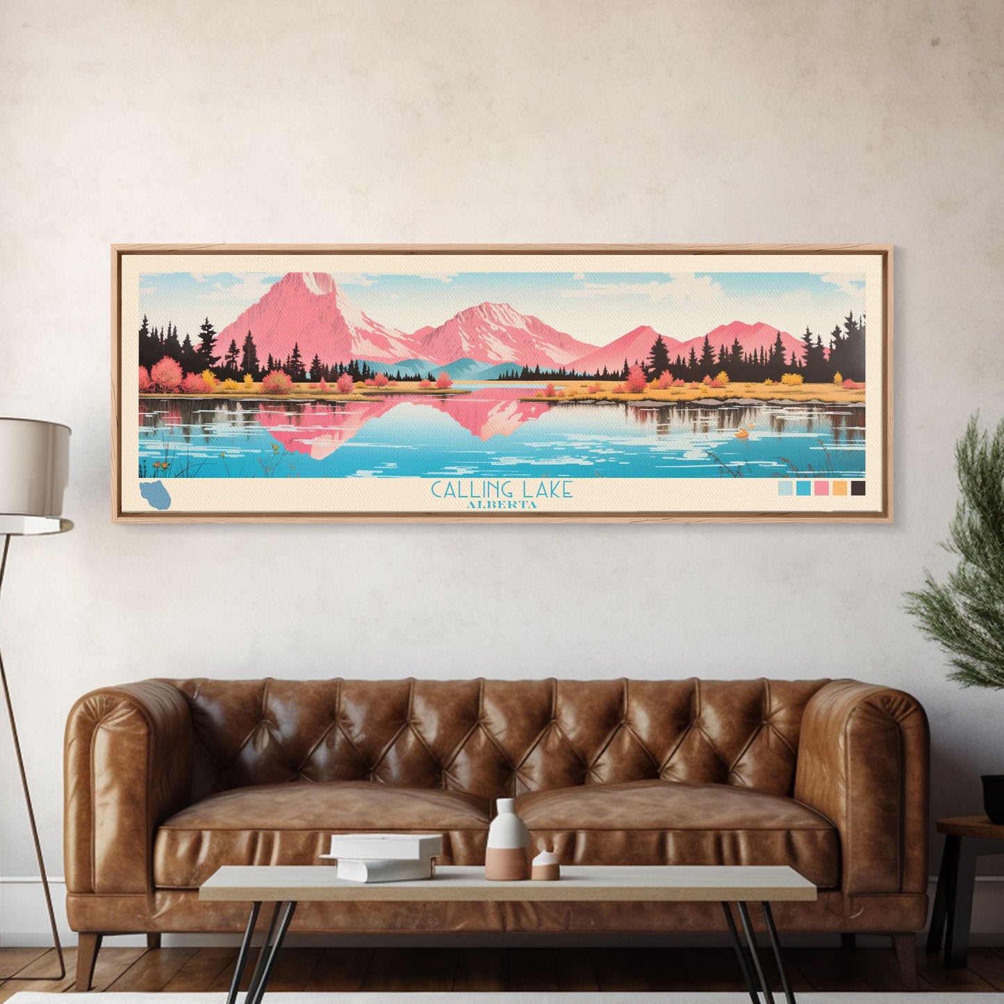 Calling Lake Alberta Framed Canvas Print, Midcentury Modern Panoramic Wall Art, Living Room Decor, Pop Art, Travel Poster Art, Scenic Nature Painting