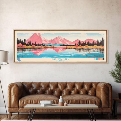 Calling Lake Alberta Framed Canvas Print, Midcentury Modern Panoramic Wall Art, Living Room Decor, Pop Art, Travel Poster Art, Scenic Nature Painting