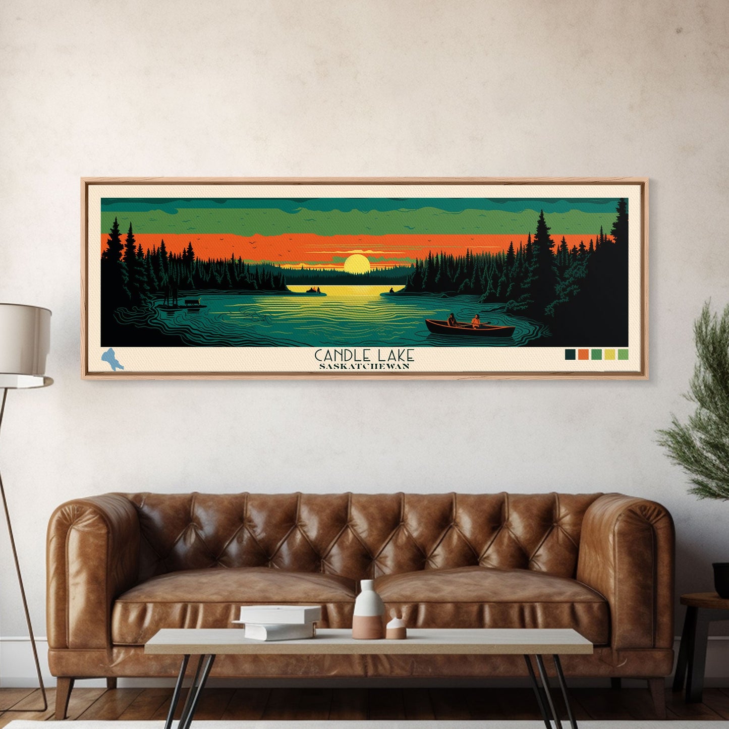 Candle Lake Saskatchewan Framed Canvas Print, Midcentury Modern Panoramic Wall Art, Living Room Decor, Pop Art, Travel Poster Art, Scenic Nature Painting