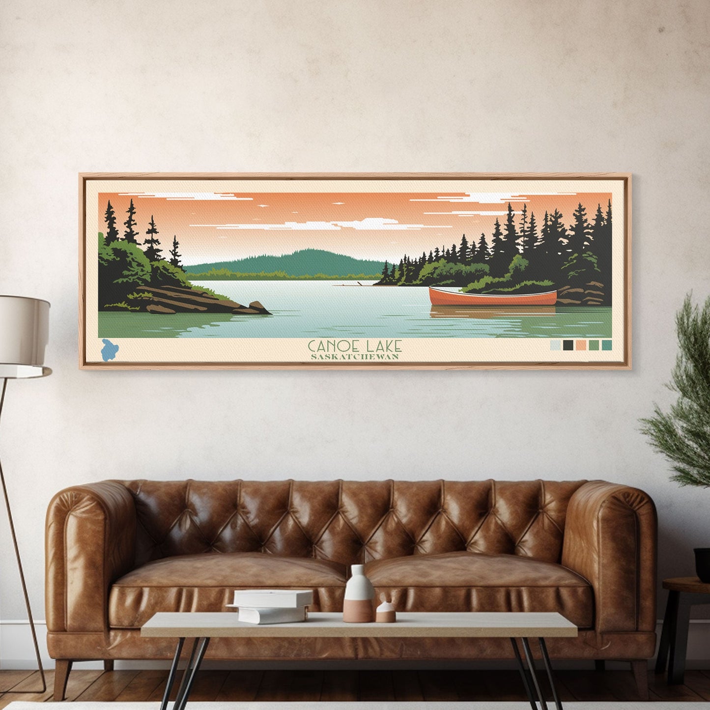 Canoe Lake Saskatchewan Framed Canvas Print, Midcentury Modern Panoramic Wall Art, Living Room Decor, Pop Art, Travel Poster Art, Scenic Nature Painting