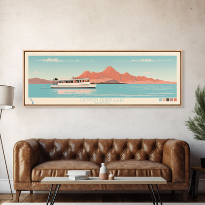 Canyon Ferry Lake Montana Framed Canvas Print, Pop Art Panoramic Travel Poster, Bedroom Decor, Midcentury Modern, Wall Art, Scenic Lake House, Nature Art