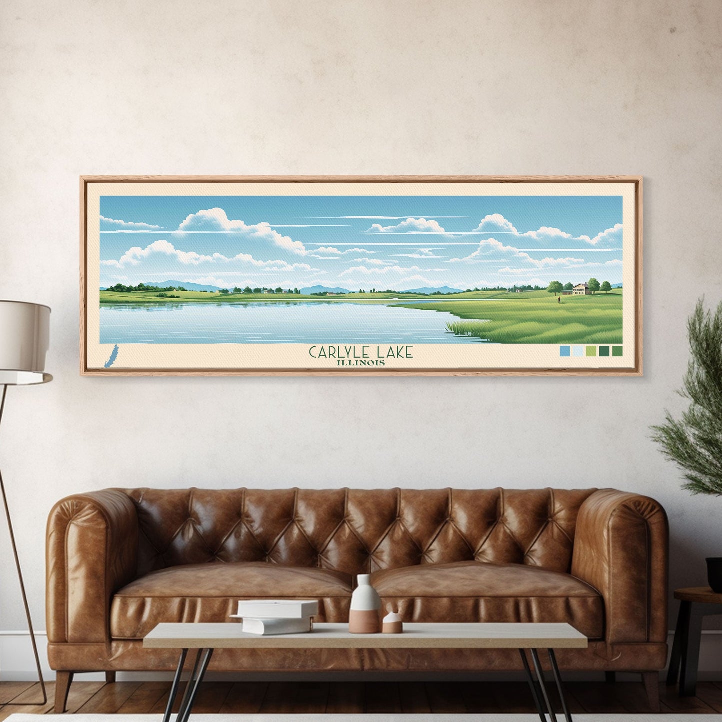 Carter Lake Nebraska Framed Canvas Print, Midcentury Modern Panoramic Wall Art, Living Room Decor, Pop Art, Travel Poster Art, Scenic Nature Painting, Lake House Decor