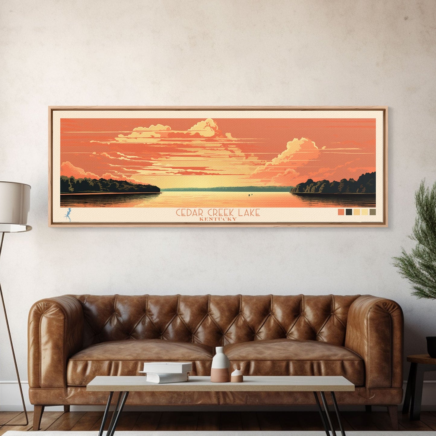 Cedar Creek Lake Kentucky Framed Canvas Print, Midcentury Modern Panoramic Wall Art, Living Room Decor, Pop Art, Travel Poster Art, Scenic Nature Painting, Lake House Decor