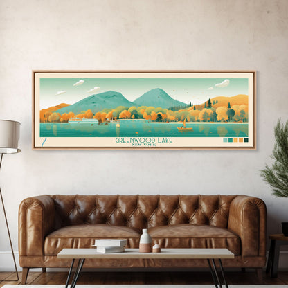 Greenwood Lake New York Framed Canvas Print, Panoramic Art, Midcentury Modern, Pop Art, Bedroom Decor, Travel Poster, Lake House Decor
