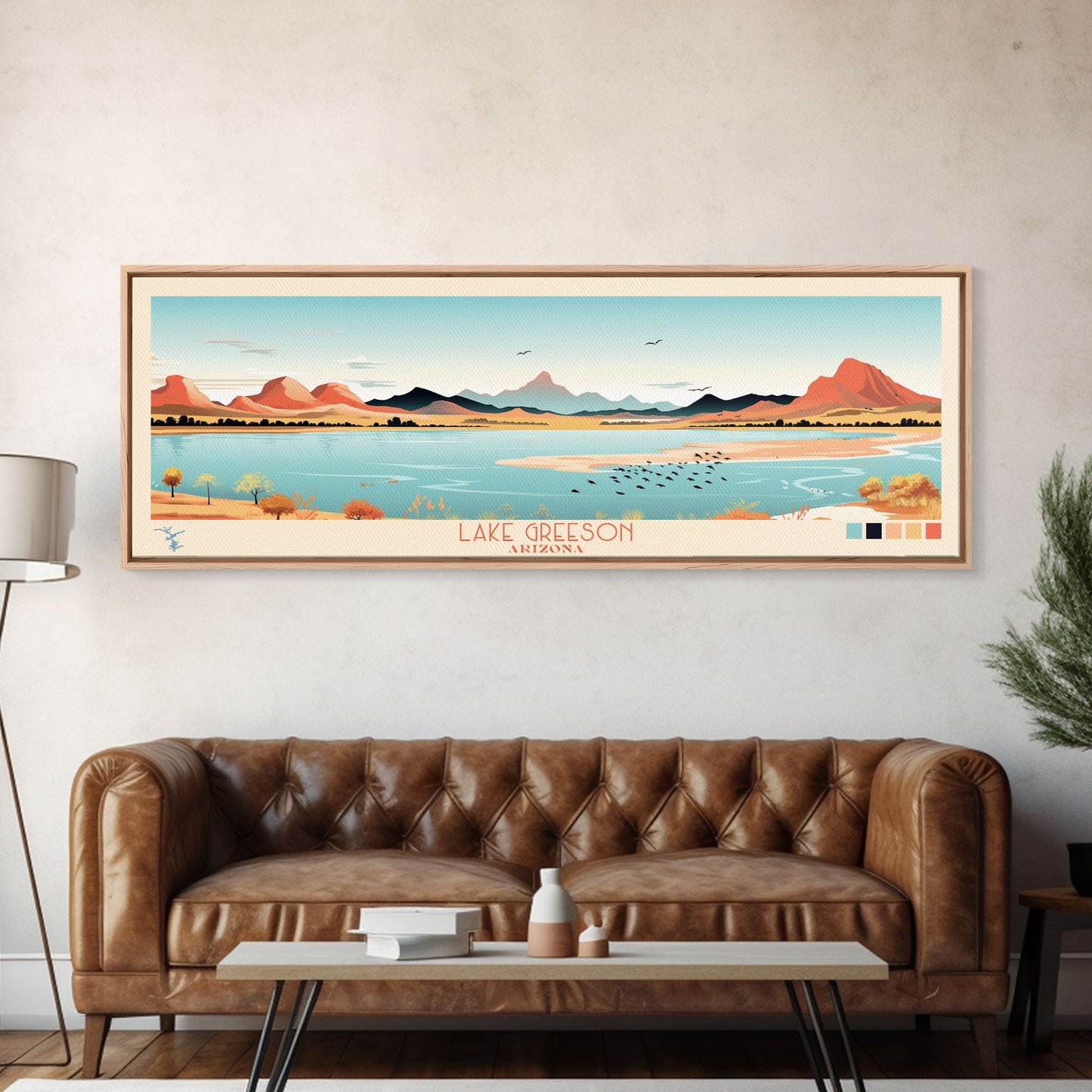 Leinwanddruck „Lake Greenson, Arizona“ mit Rahmen, Panorama-Wandbild, Midcentury Modern, Pop Art, Wohnzimmerdekoration, Reiseposter, Schlafzimmerkunst
