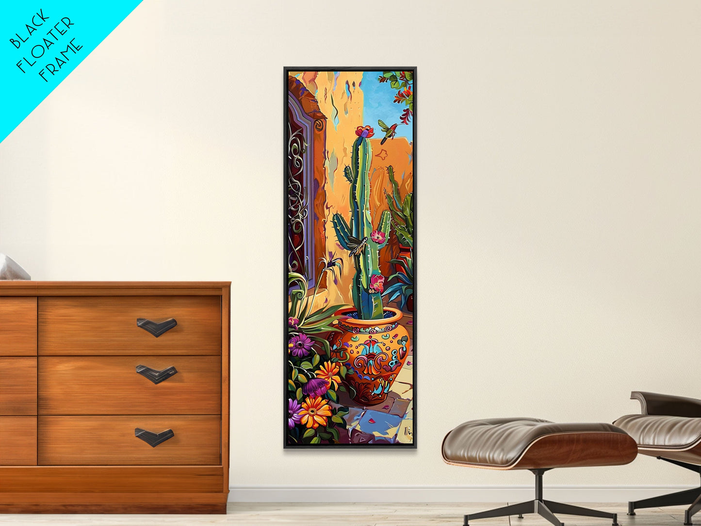 Colorful Canvas Painting of Cactus Framed, Botanical Wall Art Print, Spanish Inspired Canvas Painting, Long and Narrow Living Room Wall Art