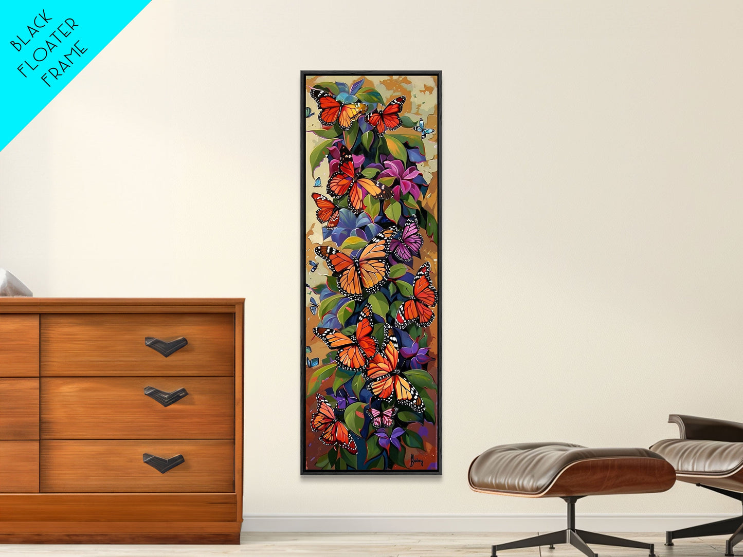 Colorful Butterfly Vertical Framed Canvas Oil Painting, Abstract Botanical Wall Art, Gouache Style Painted Art, Housewarming Gift for Her