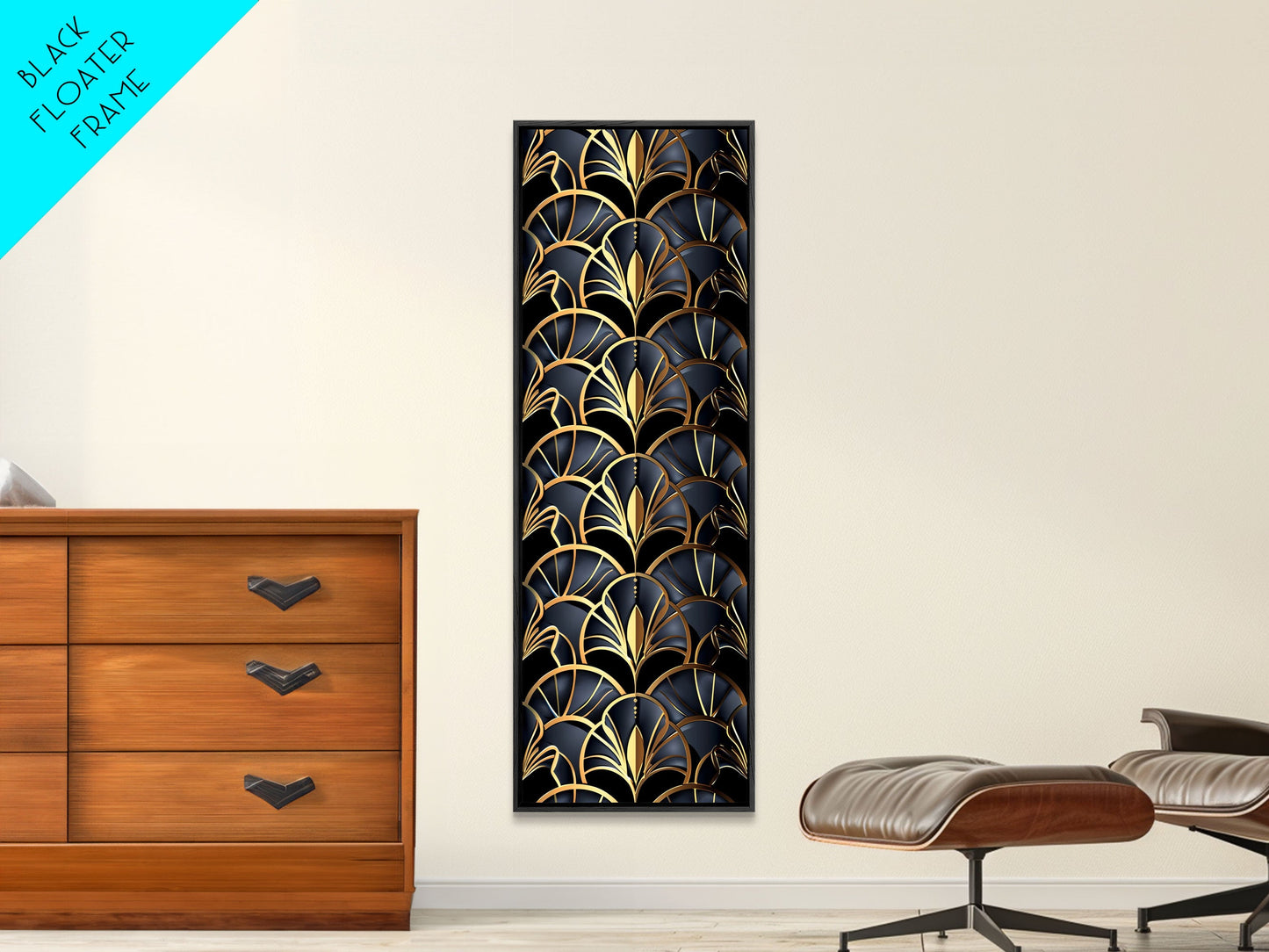 Gold Art Deco Pattern on Black Background - Framed Canvas Print, Midcentury Modern Art, Skinny Art, Tall Art, Living Room Wall Decor, Minimalist Art