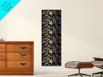Gold Art Deco Pattern on Black Background - Framed Canvas Print, Midcentury Modern Art, Skinny Art, Tall Art, Living Room Wall Decor, Minimalist Art