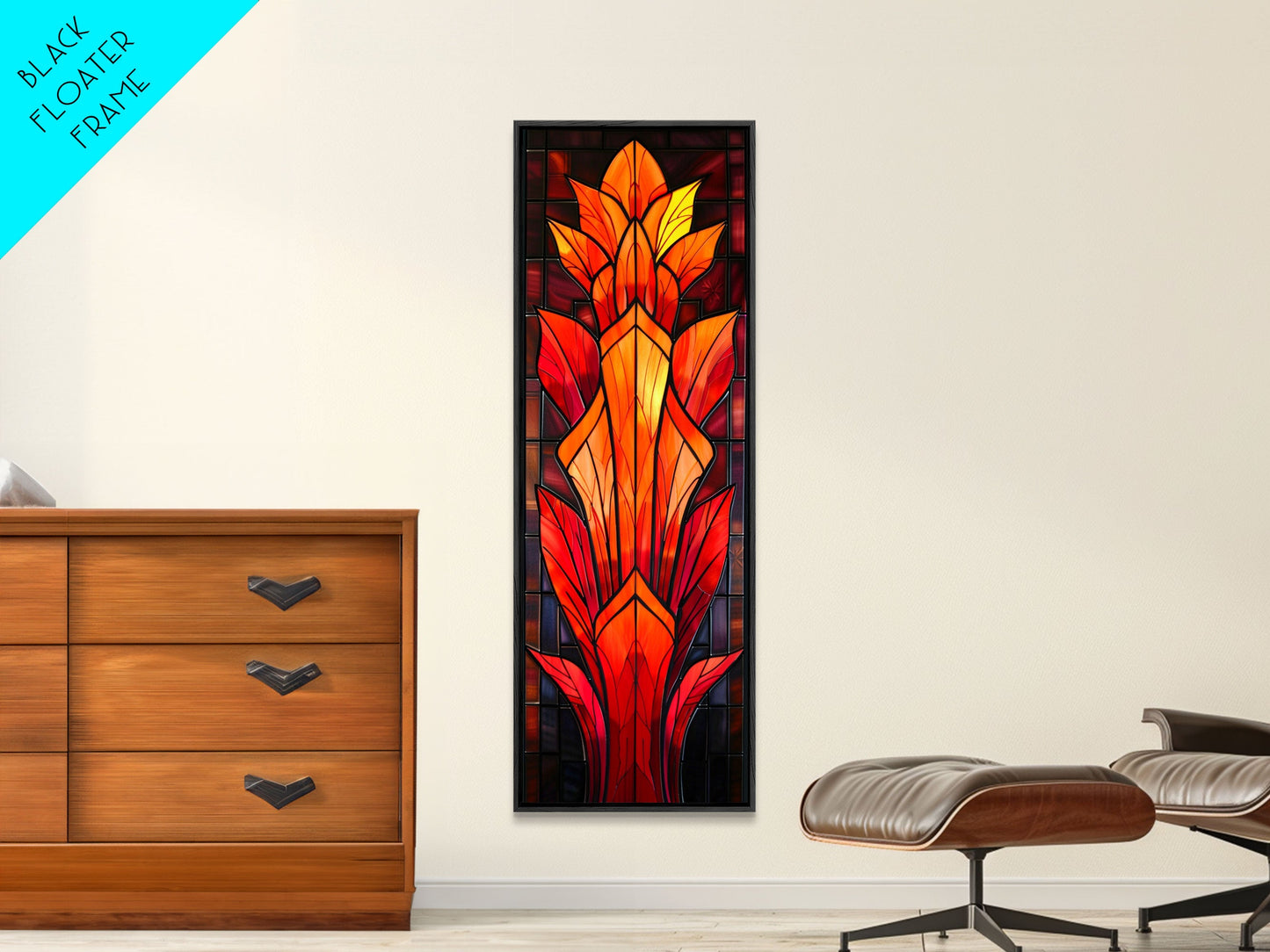 Red and Orange Floral Stained Glass Design - Framed Canvas Print, Midcentury Modern Art, Skinny Art, Tall Art, Living Room Wall Decor, Boho Art