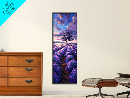 Majestic Lavender Tree in a Flower Field, Skinny and Tall Art, Serene Framed Canvas Print, Peaceful Home Decor