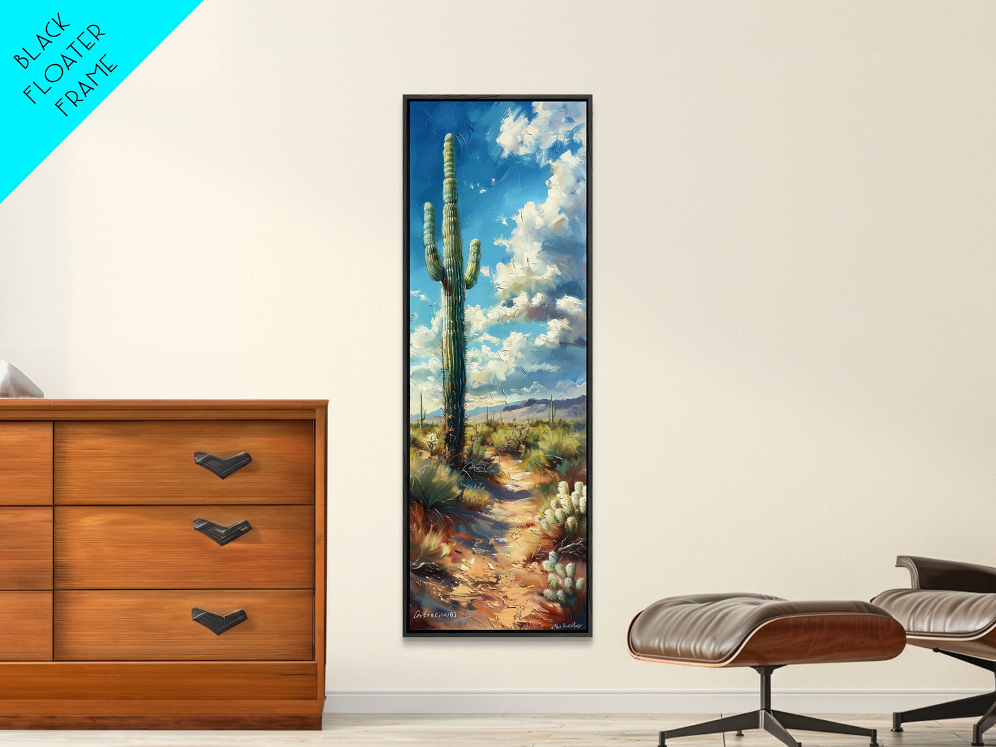 Iconic Saguaro Cactus in a Desert Landscape Under a Bright Blue Sky on a Framed Canvas Print Tall Art Piece