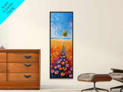 Colorful Wildflowers in a Field with a Lone Tree Under a Bright Blue Sky on a Framed Canvas Print Tall Art Piece