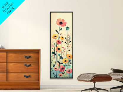 Bright Field of Wildflowers Skinny Art Tall Art Japanese Ukiyo-e Inspired Floral Print Framed Canvas Wall Art