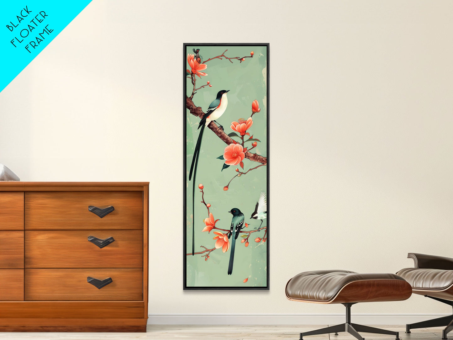 Elegant Birds on Branches Skinny Art Tall Art Japanese Ukiyo-e Inspired Bird and Nature Framed Canvas Print