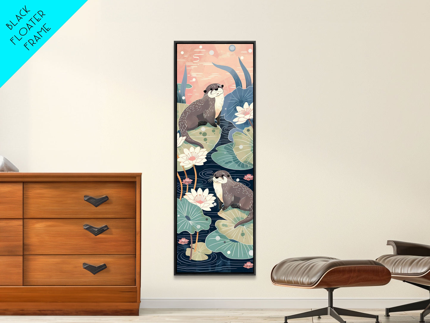 Playful Otters Amidst Lily Pads on Japanese-Inspired Tall Vertical Canvas Print Perfect for Nature-Inspired Wall Decor