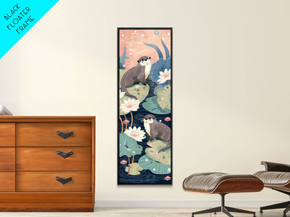 Playful Otters Amidst Lily Pads on Japanese-Inspired Tall Vertical Canvas Print Perfect for Nature-Inspired Wall Decor