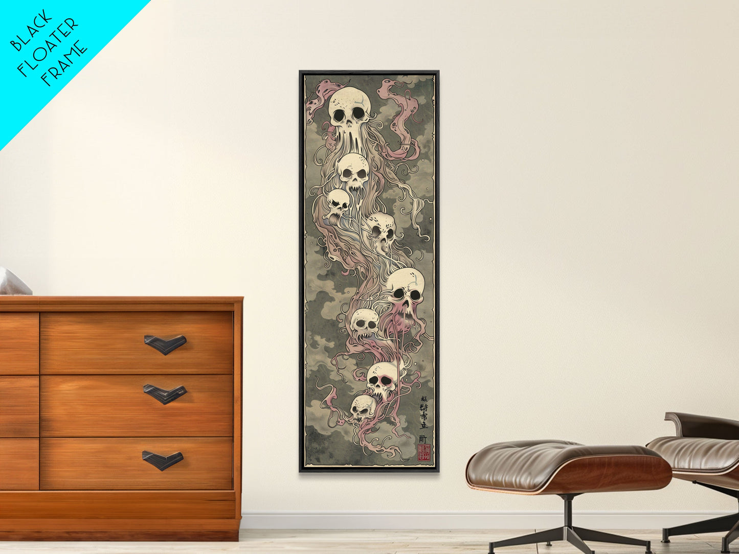 Hauntingly Beautiful Floating Skulls on Tall Vertical Canvas Print Featuring Japanese Ghostly Art in Eerie Style