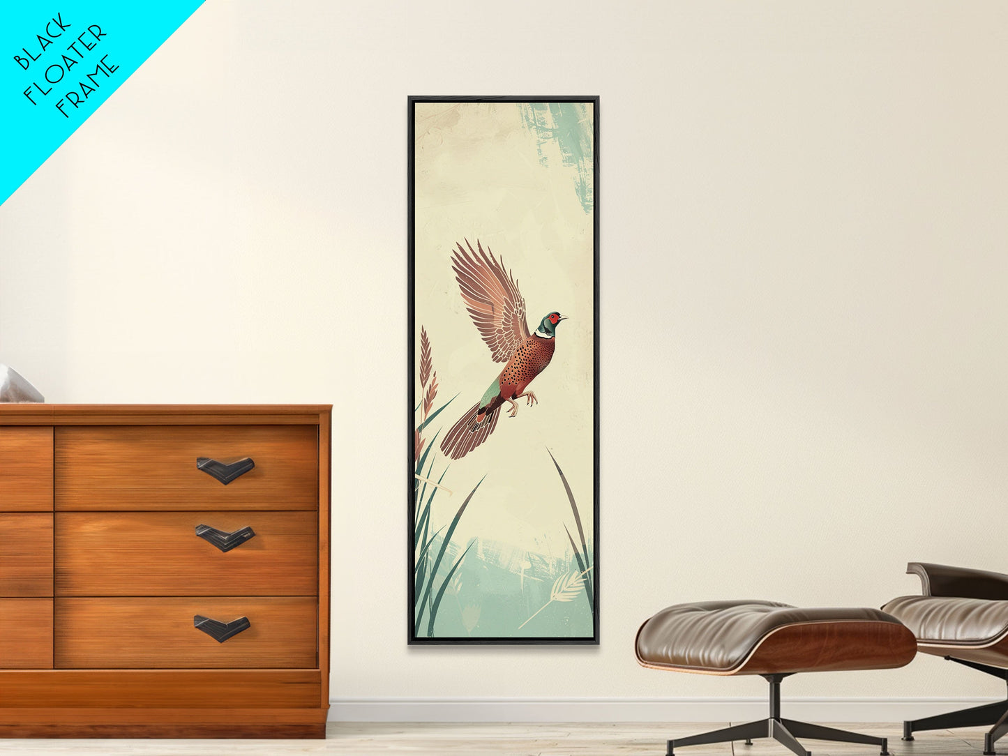Japanese Skinny Art of Pheasant in Flight with Graceful Wings and Earthy Tones – Framed Canvas Print