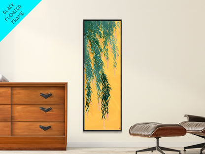 Japanese Skinny Art of Wisteria Hanging Over a Golden Background – Framed Canvas Print