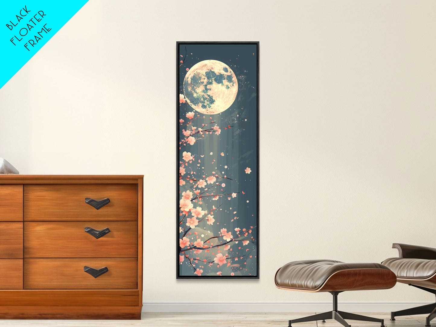 Full Moon with Cherry Blossom Ukiyo-e Art, Framed Canvas Print Perfect for Skinny and Tall Spaces, Japanese Style Art