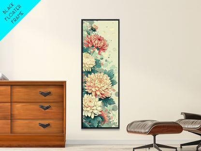 Chrysanthemums in Traditional Japanese Art, Ukiyo-e Style Framed Canvas Print Perfect for Tall and Skinny Spaces