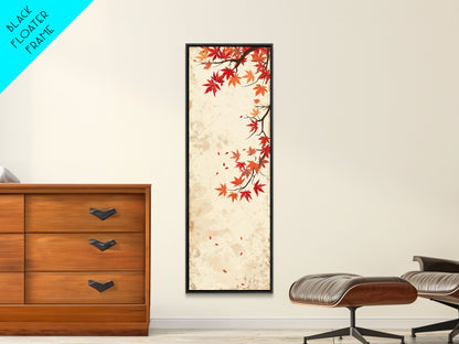 Skinny Art Maple Branch In Japanese Style Wood Block Print Autumn Leaves On Framed Canvas Print, Tall Art Ukiyo-e