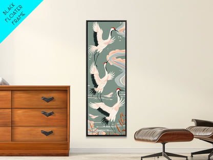 Cranes In Flight Framed Canvas Print, Traditional Japanese Art With Soft Colors And Detailed Wings, Wall Art Ready To Hang