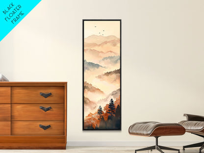 Skinny Art Tall Art Framed Canvas Print Layers Of Misty Mountains In Soft Warm Hues Ukiyo-e Japanese Style Art Wood Block Print