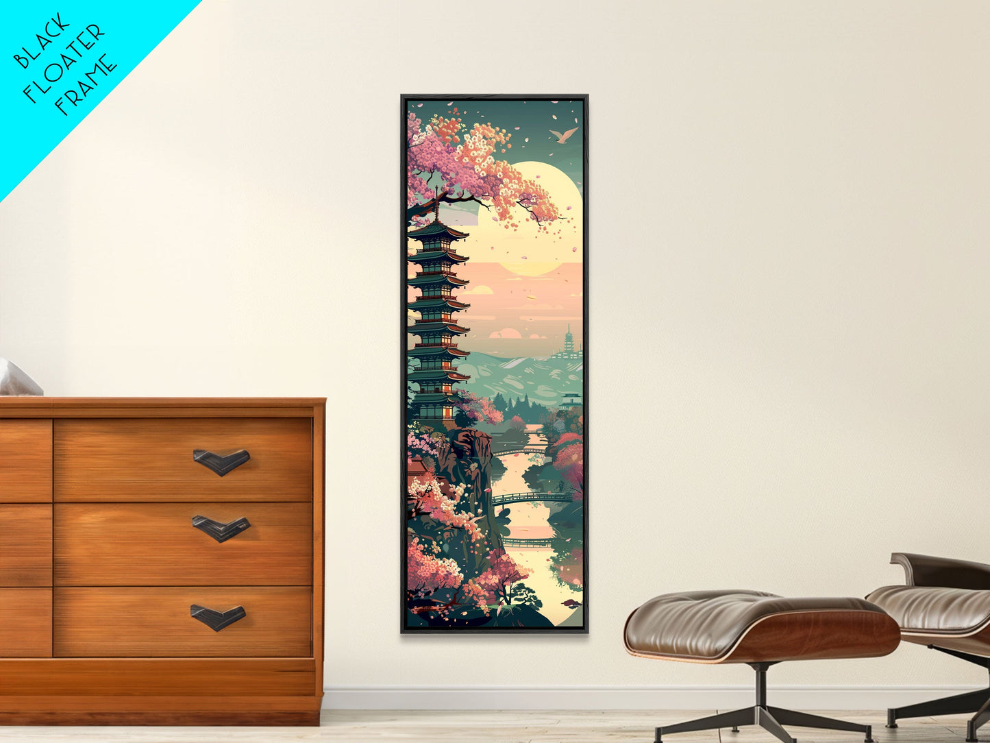 Japanese Pagoda Among Sakura Trees Under Yellow Moon Tall Art Skinny Art Framed Canvas Print Japanese Style Art Ukiyo-e Wood Block Print