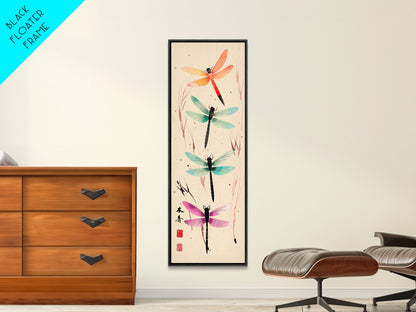Dragonflies In Flight With Delicate Details Japanese Style Framed Canvas Print, Wall Art Ready To Hang For Nature Lovers