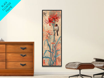 Bird Perched On Bright Red Lily Flower Skinny Art Tall Art Framed Canvas Print Japanese Style Art Ukiyo-e Art Wood Block Print Floral Detailed