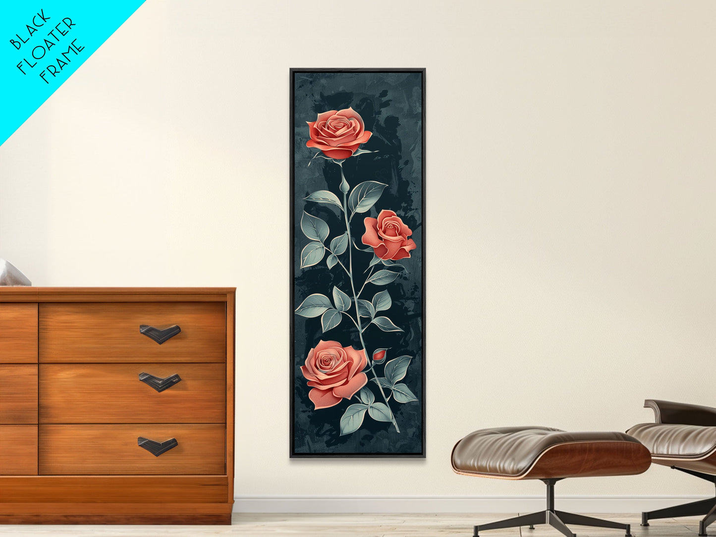 Deep Red Roses With Dark Green Foliage Skinny Art Tall Art Framed Canvas Print Japanese Style Art Ukiyo-e Art Wood Block Print Elegant Floral