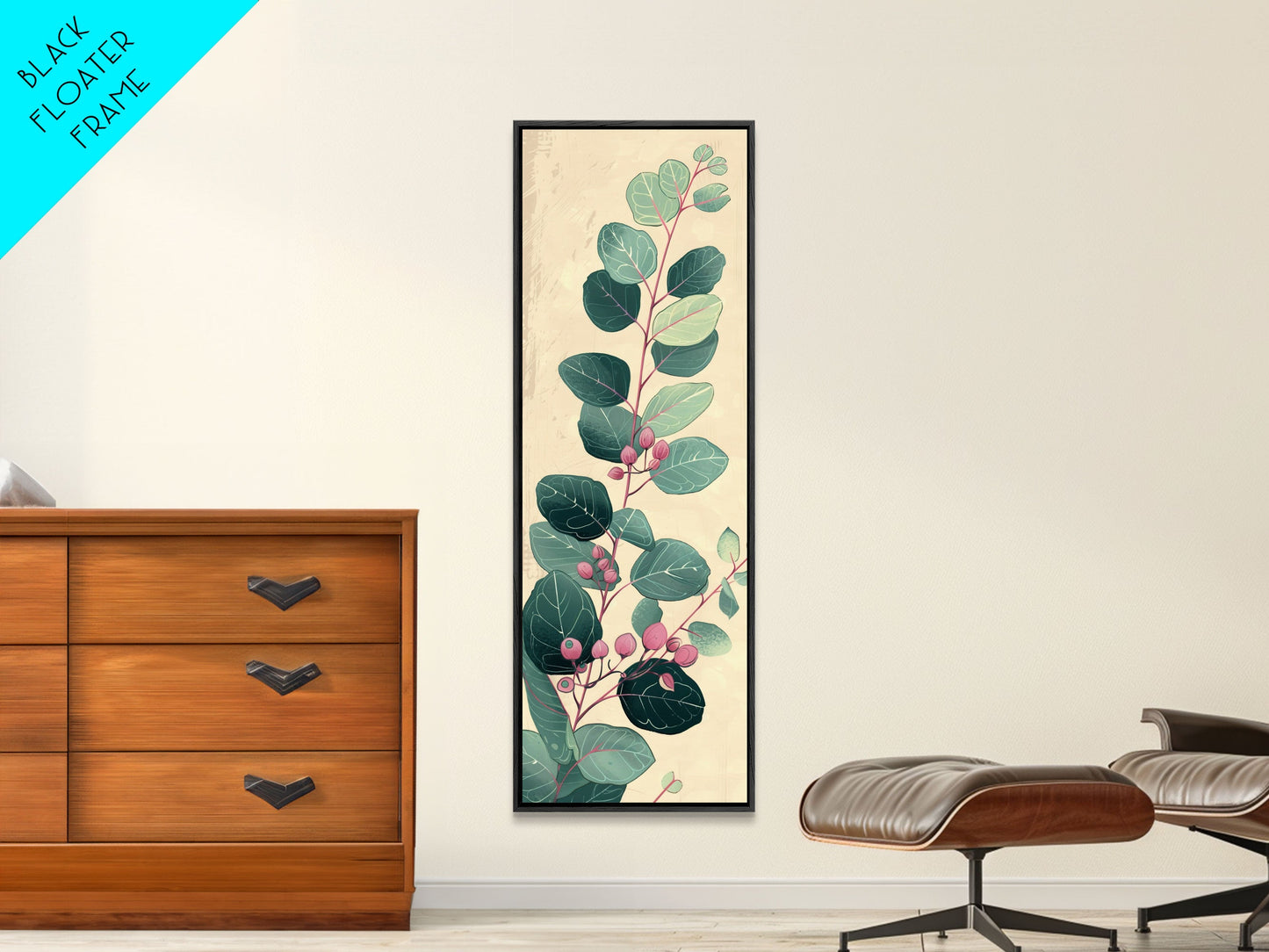 Delicate Green Leaves And Pink Buds On A Branch Against A Textured Background, Skinny Art Tall Wall Art Framed Canvas Print Japanese Style Art