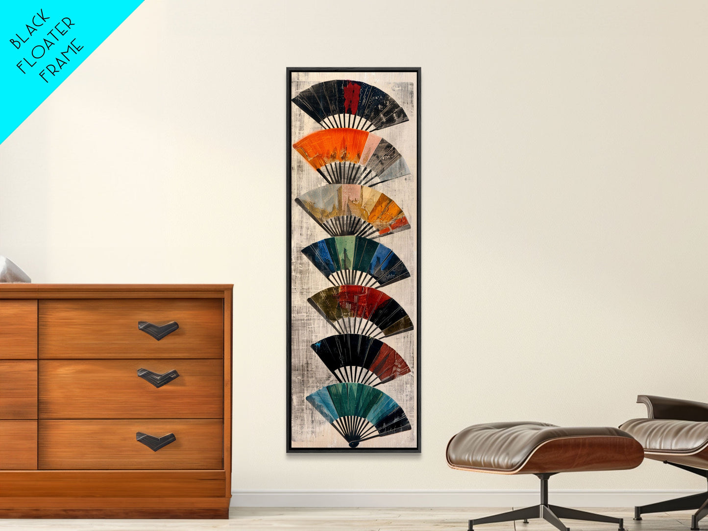 Seven Japanese Fans In Various Colors Arranged Vertically On A Textured Background, Skinny Art Tall Wall Art Framed Canvas Print Japanese Style Art