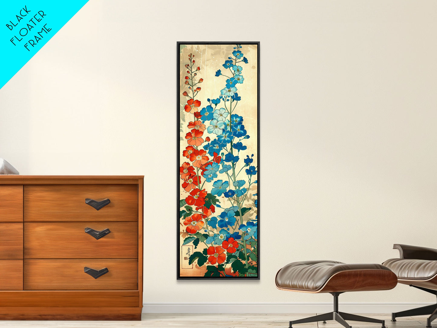 Delphinium Flowers Japanese Garden Art In Traditional Ukiyo-e Style Framed Canvas Print Tall Skinny Wood Block Floral Wall Decor
