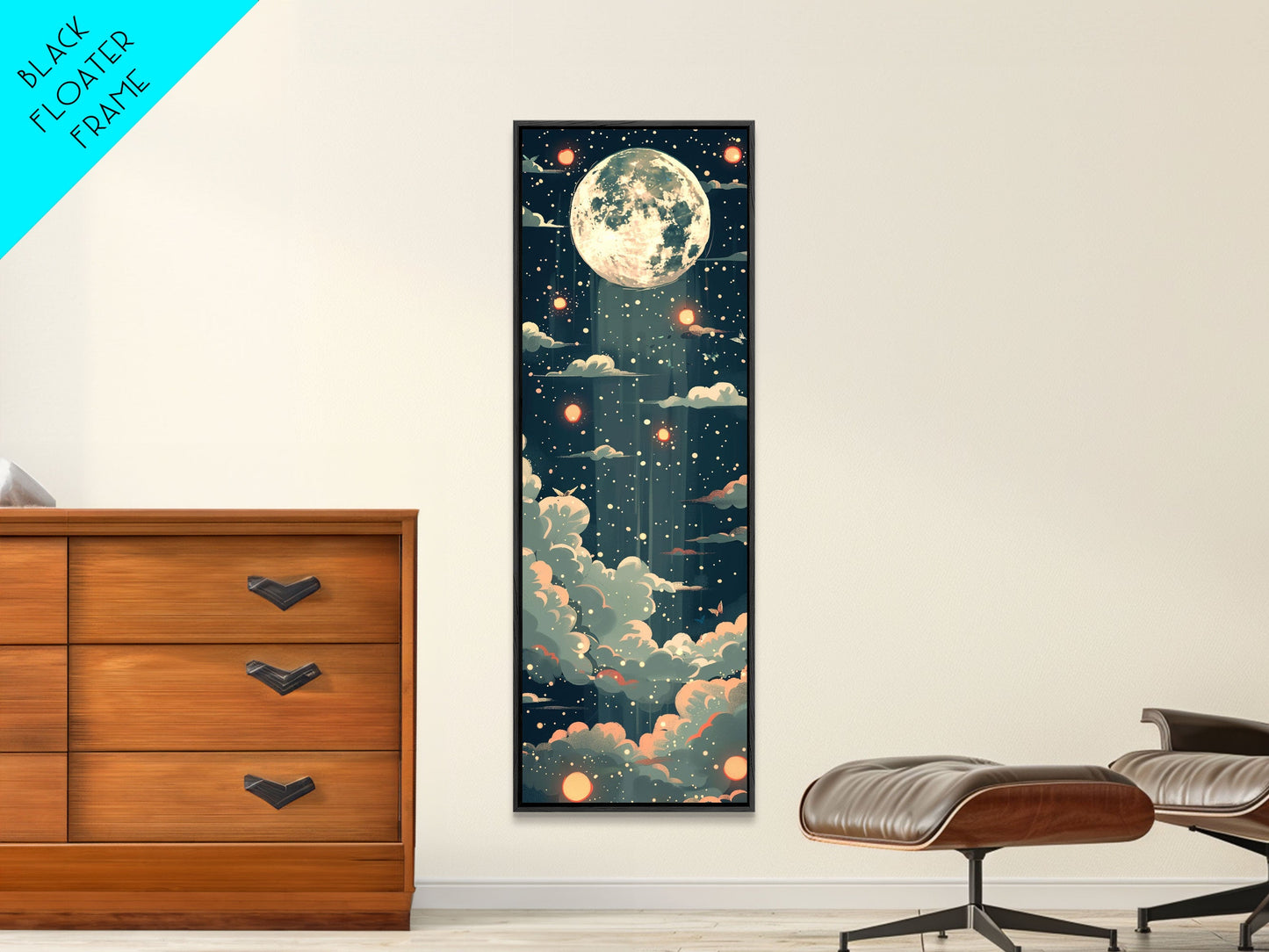 Moonlit Night With Japanese Lanterns Art On Framed Canvas Print In Ukiyo-e Style Tall Skinny Ethereal Wood Block Wall Decor
