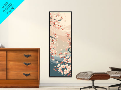 Cherry Blossom Branches Pale Background Japanese Style Tall Skinny Framed Canvas Print Wall Art