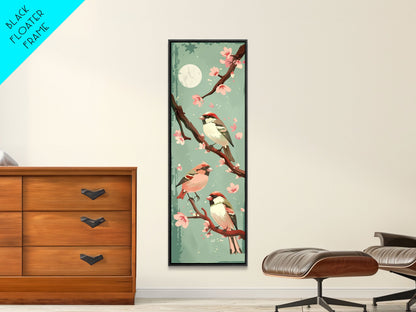 Delicate Sparrows Perched On Cherry Blossoms Under Full Moon Serene Nighttime Setting Captured Tall Framed Canvas Print Nature Scene