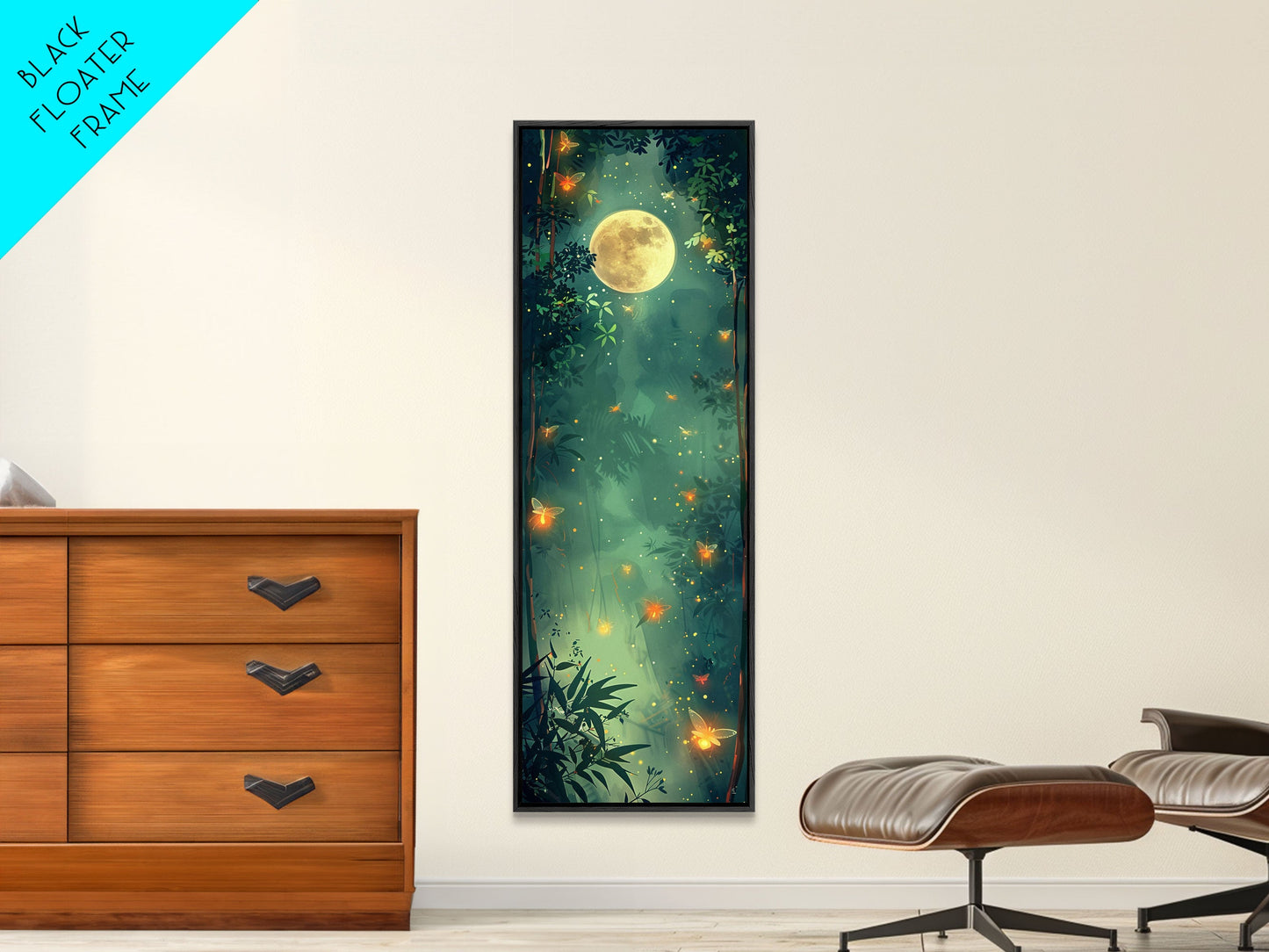 Enchanting Fireflies Illuminating Nighttime Forest Scene Under Full Moon Tall Framed Canvas Print Adding Magical Touch