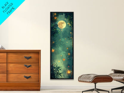 Enchanting Fireflies Illuminating Nighttime Forest Scene Under Full Moon Tall Framed Canvas Print Adding Magical Touch